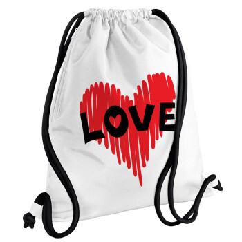 I Love You red heart, Τσάντα πλάτης πουγκί GYMBAG λευκή, με τσέπη (40x48cm) & χονδρά κορδόνια