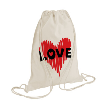 I Love You red heart, Backpack bag GYMBAG natural (28x40cm)