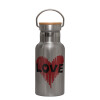 Stainless steel metallic thermos flask, silver with a bamboo lid, double-walled, 350ml.