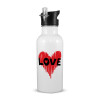 White water bottle with straw, stainless steel 600ml