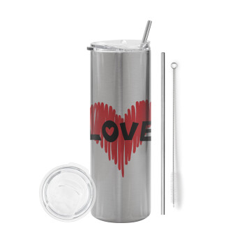 I Love You red heart, Tumbler ποτήρι θερμό Ασημένιο από ανοξείδωτο ατσάλι 600ml, με μεταλλικό καλαμάκι & βούρτσα καθαρισμού