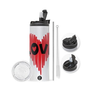 I Love You red heart, Travel Tumbler 2 Lids, with metal straw & cleaning brush (Stainless steel 304 Food grade, BPA free, 600ml)