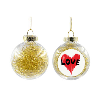 I Love You red heart, Transparent Christmas tree ball ornament with gold filling 8cm