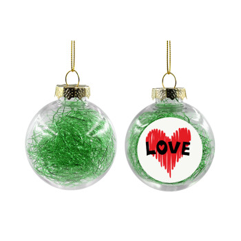 I Love You red heart, Transparent Christmas tree ball ornament with green filling 8cm