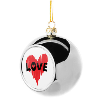 I Love You red heart, Χριστουγεννιάτικη μπάλα δένδρου Ασημένια 8cm