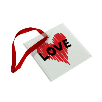 I Love You red heart, Christmas ornament, glass square ornament 9x9cm