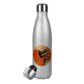 Coffe is always a good idea vintage poster, Metallic Glitter Silver Thermos Flask (Stainless steel), double-walled, 500ml