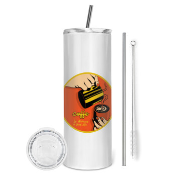 Coffe is always a good idea vintage poster, Eco friendly stainless steel tumbler 600ml, with metal straw & cleaning brush