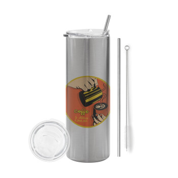 Coffe is always a good idea vintage poster, Eco friendly stainless steel Silver tumbler 600ml, with metal straw & cleaning brush