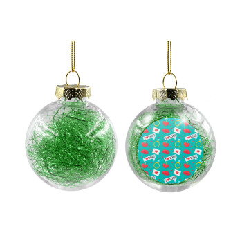 I Love You hearts rings & kiss pattern, Χριστουγεννιάτικη μπάλα δένδρου διάφανη με πράσινο γέμισμα 8cm