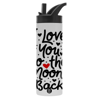 I love you to the moon and back with hearts, Metallic thermos bottle with straw & handle, stainless steel (Stainless steel 304), double-walled, 600ml.