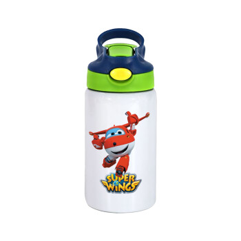 Super Wings, Children's hot water bottle, stainless steel, with safety straw, green, blue (350ml)