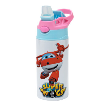 Super Wings, Children's hot water bottle, stainless steel, with safety straw, Pink/BlueCiel (360ml) BPA FREE