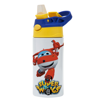 Super Wings, Children's hot water bottle, stainless steel, with safety straw, green, blue (360ml) BPA FREE