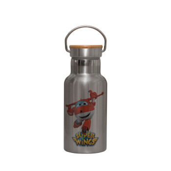 Super Wings, Stainless steel metallic thermos flask, silver with a bamboo lid, double-walled, 350ml.