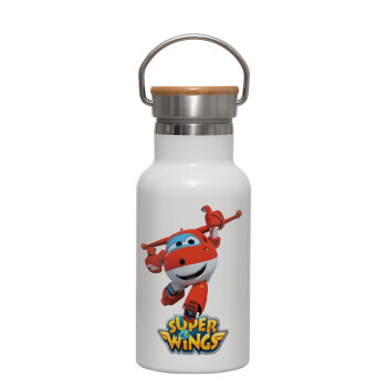 Super Wings, Μεταλλικό παγούρι θερμός (Stainless steel) Λευκό με ξύλινο καπακι (bamboo), διπλού τοιχώματος, 350ml