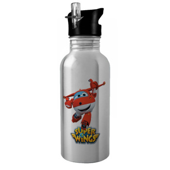 Super Wings, Water bottle Silver with straw, stainless steel 600ml