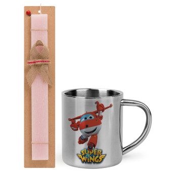 Super Wings, Easter Set, metallic thermal cup (300ml) & aromatic flat Easter candle (30cm) (PINK)