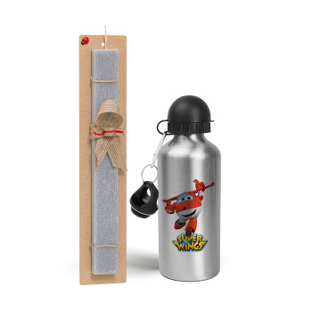 Super Wings, Easter Set, metallic silver aluminum water bottle (500ml) & aromatic flat Easter candle (30cm) (GRAY)