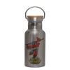 Stainless steel metallic thermos flask, silver with a bamboo lid, double-walled, 350ml.