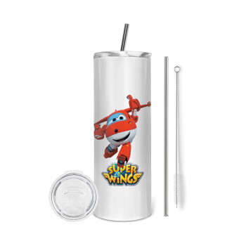 Super Wings, Tumbler ποτήρι θερμό από ανοξείδωτο ατσάλι 600ml, με μεταλλικό καλαμάκι & βούρτσα καθαρισμού