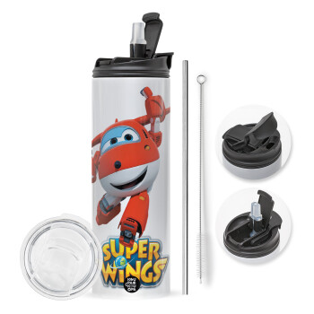 Super Wings, Travel Tumbler θερμό με διπλό καπάκι, μεταλλικό καλαμάκι και βούρτσα καθαρισμού (Ανωξείδωτο 304 Food grade, BPA free, 600ml)