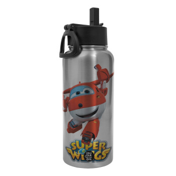 Super Wings, Metal mug thermo Silver with Straw and Spout Lid (Stainless steel), double wall, 950ml