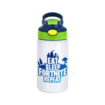 Eat Sleep Fortnite Repeat, Children's hot water bottle, stainless steel, with safety straw, green, blue (350ml)