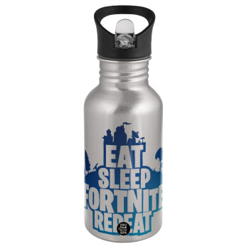 Eat Sleep Fortnite Repeat, Water bottle Silver with straw, stainless steel 500ml