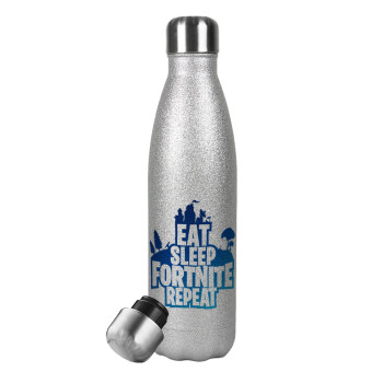 Eat Sleep Fortnite Repeat, Μεταλλικό παγούρι θερμός Glitter Aσημένιο (Stainless steel), διπλού τοιχώματος, 500ml