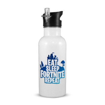 Eat Sleep Fortnite Repeat, White water bottle with straw, stainless steel 600ml