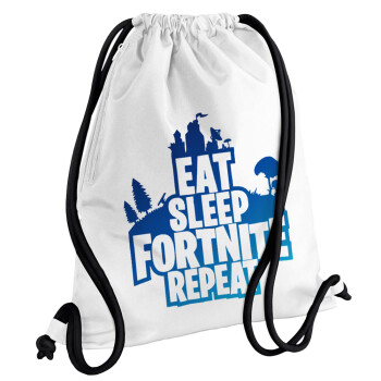 Eat Sleep Fortnite Repeat, Τσάντα πλάτης πουγκί GYMBAG λευκή, με τσέπη (40x48cm) & χονδρά κορδόνια