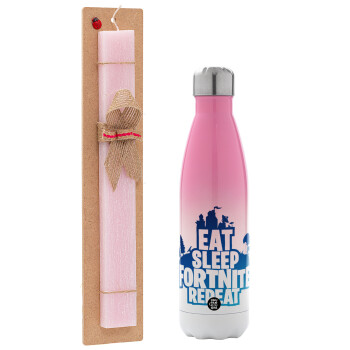 Eat Sleep Fortnite Repeat, Easter Set, Metallic pink/white (Stainless steel) thermos, double-walled, 500ml & aromatic flat Easter candle (30cm) (PINK)