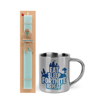 Eat Sleep Fortnite Repeat, Πασχαλινό Σετ, μεταλλική κούπα θερμό (300ml) & πασχαλινή λαμπάδα αρωματική πλακέ (30cm) (ΤΙΡΚΟΥΑΖ)