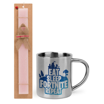 Eat Sleep Fortnite Repeat, Easter Set, metallic thermal cup (300ml) & aromatic flat Easter candle (30cm) (PINK)