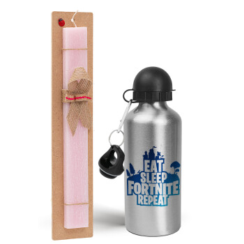 Eat Sleep Fortnite Repeat, Easter Set, metallic Silver aluminum water bottle (500ml) & scented flat Easter candle (30cm) (PINK)