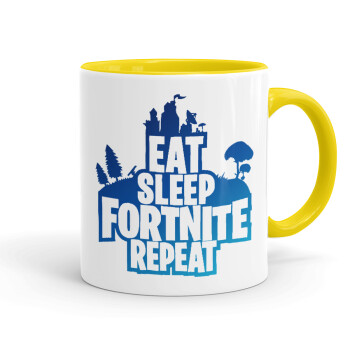 Eat Sleep Fortnite Repeat, Κούπα χρωματιστή κίτρινη, κεραμική, 330ml