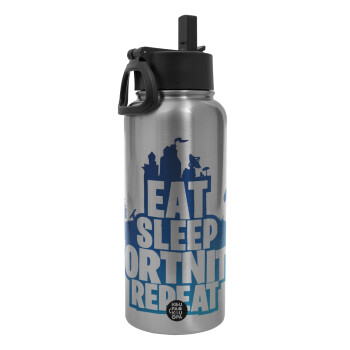 Eat Sleep Fortnite Repeat, Metal mug thermo Silver with Straw and Spout Lid (Stainless steel), double wall, 950ml