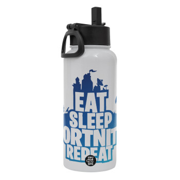 Eat Sleep Fortnite Repeat, Metal mug thermo White with Straw and Spout Lid (Stainless steel), double wall, 950ml