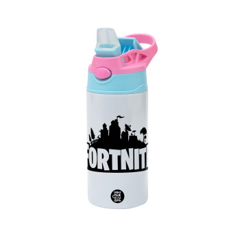 Fortnite, Children's hot water bottle, stainless steel, with safety straw, Pink/BlueCiel (360ml) BPA FREE