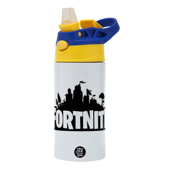 Fortnite, Children's hot water bottle, stainless steel, with safety straw, green, blue (360ml) BPA FREE