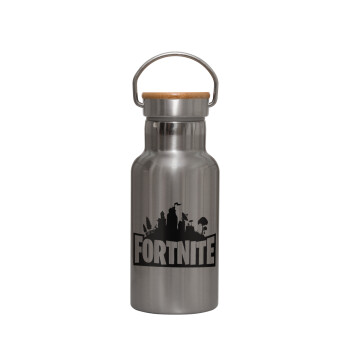 Fortnite, Stainless steel metallic thermos flask, silver with a bamboo lid, double-walled, 350ml.