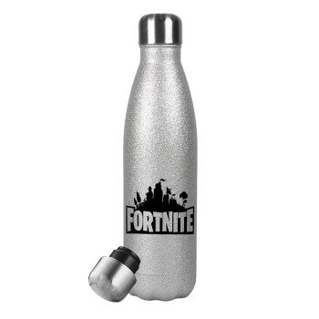 Fortnite, Metallic Glitter Silver Thermos Flask (Stainless steel), double-walled, 500ml