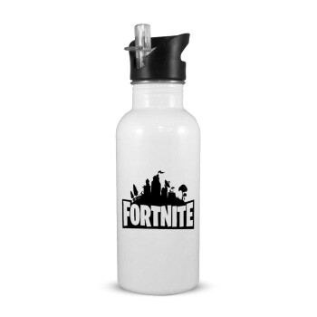 Fortnite, White water bottle with straw, stainless steel 600ml