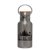 Stainless steel metallic thermos flask, silver with a bamboo lid, double-walled, 350ml.