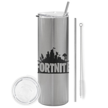 Fortnite, Eco friendly ποτήρι θερμό Ασημένιο (tumbler) από ανοξείδωτο ατσάλι 600ml, με μεταλλικό καλαμάκι & βούρτσα καθαρισμού