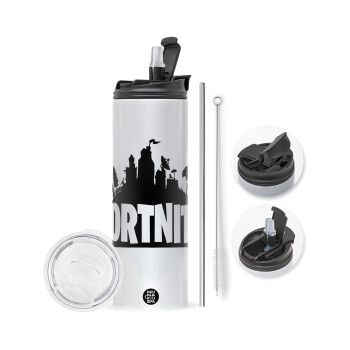 Fortnite, Travel Tumbler θερμό με διπλό καπάκι, μεταλλικό καλαμάκι και βούρτσα καθαρισμού (Ανωξείδωτο 304 Food grade, BPA free, 600ml)