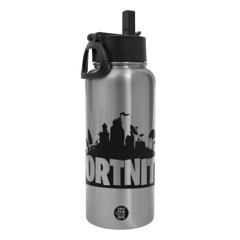 Fortnite, Metal mug thermo Silver with Straw and Spout Lid (Stainless steel), double wall, 950ml