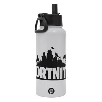 Fortnite, Metal mug thermo White with Straw and Spout Lid (Stainless steel), double wall, 950ml