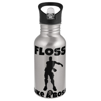 Fortnite Floss Like a Boss, Water bottle Silver with straw, stainless steel 500ml